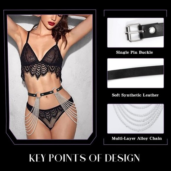 Black Leather Waist Chain Layered Punk Rave Festival Body Jewelry for Women main image 3